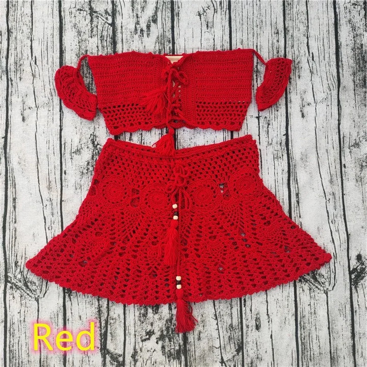 2 PC Crochet Tassel Top + Mini Skirt - Divawearfashion
