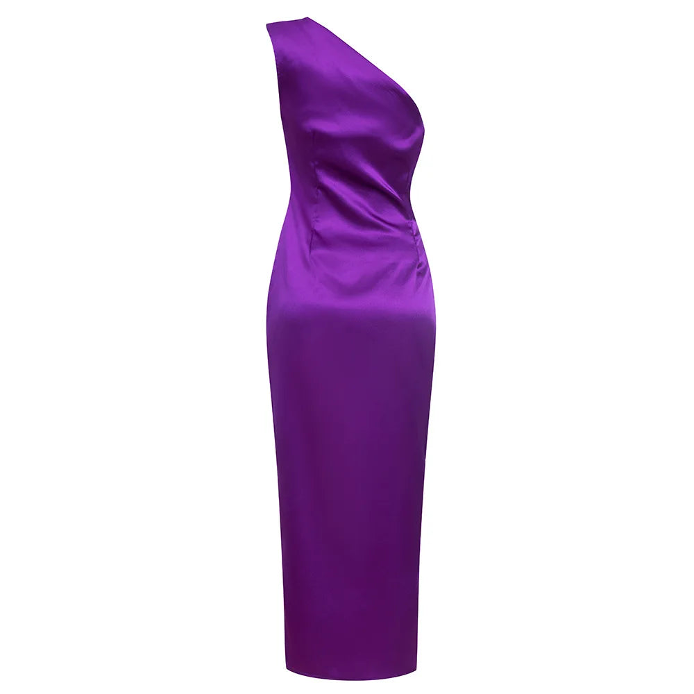 Purple One Shoulder Draped Sequin Cutout High Slit Long Dress