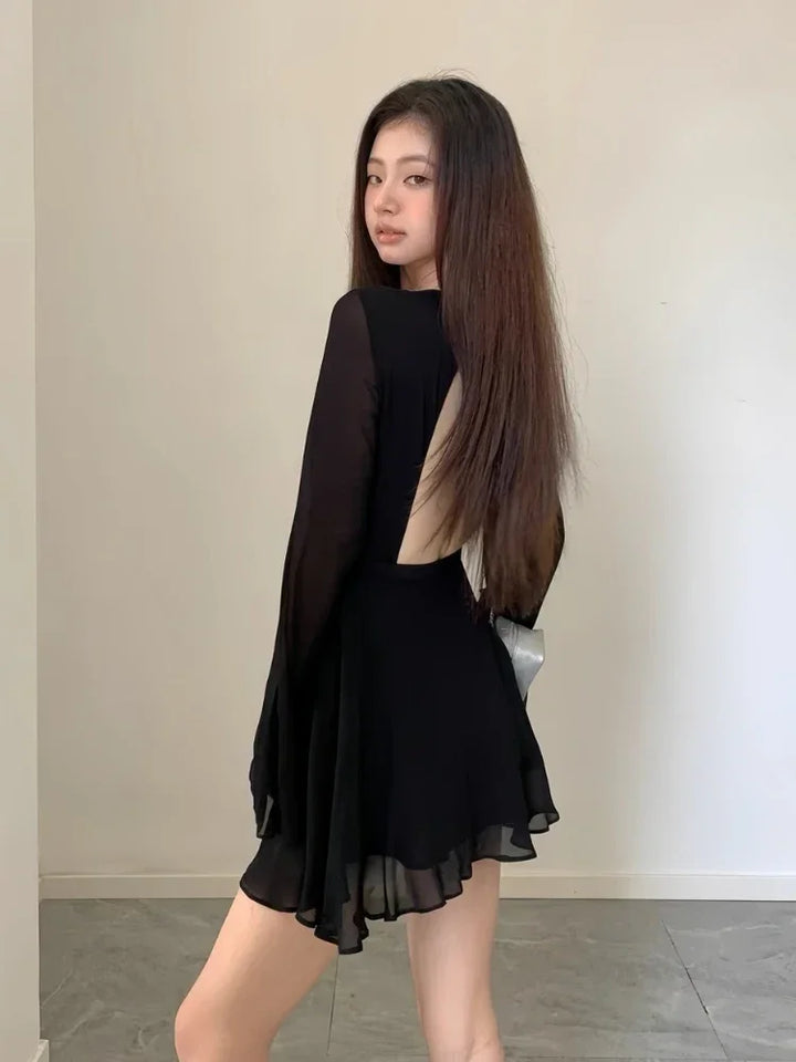 Backless Black Hollow Out Lace-up Long Sleeve Mesh Ruffle Mini Dress - Divawearfashion