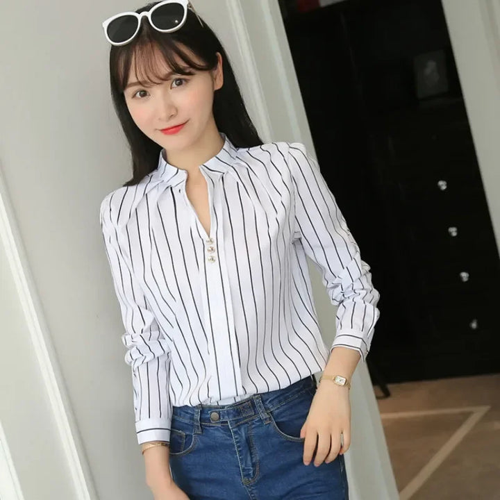 Stripe Print Casual Long Sleeve Shirt - Divawearfashion