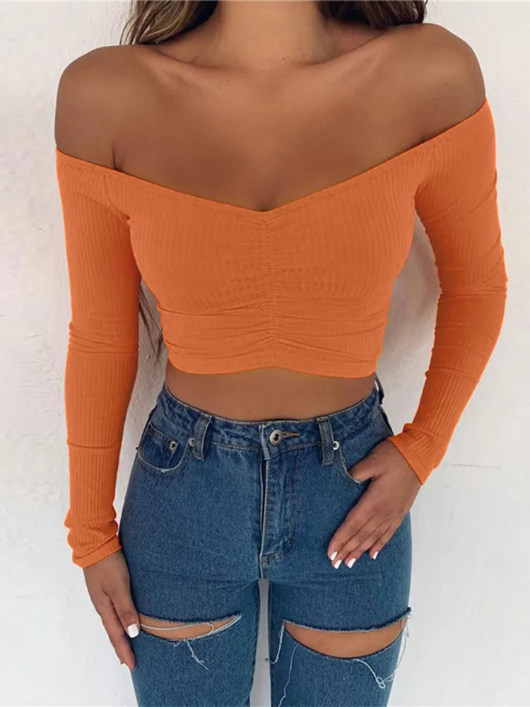 Long Sleeve Off Shoulder Solid Color T-Shirt - Divawearfashion