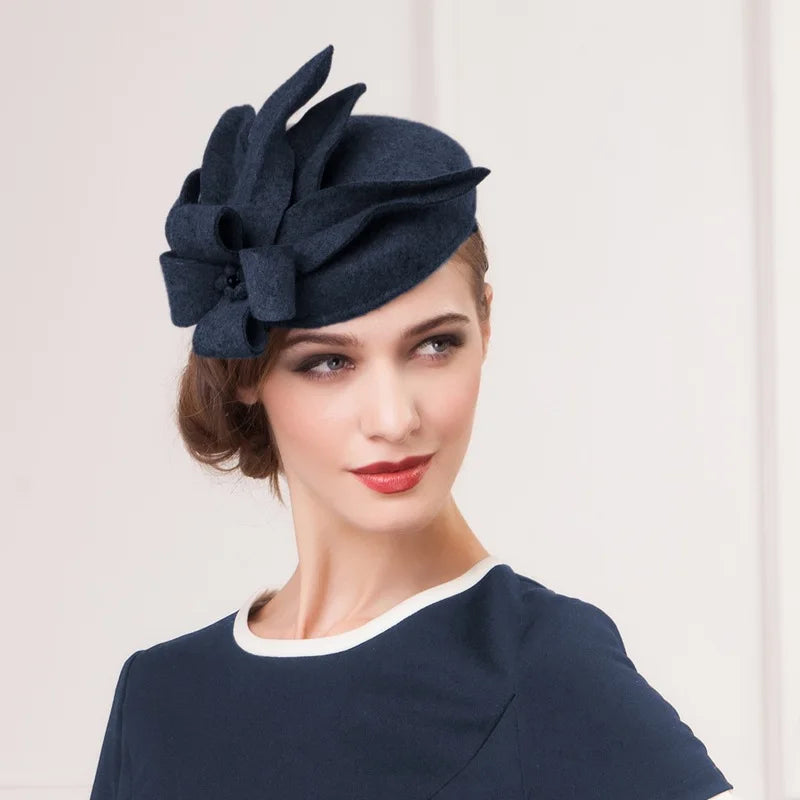 Flower Black Pillbox Fedora Wool Felt Hat - Divawearfashion