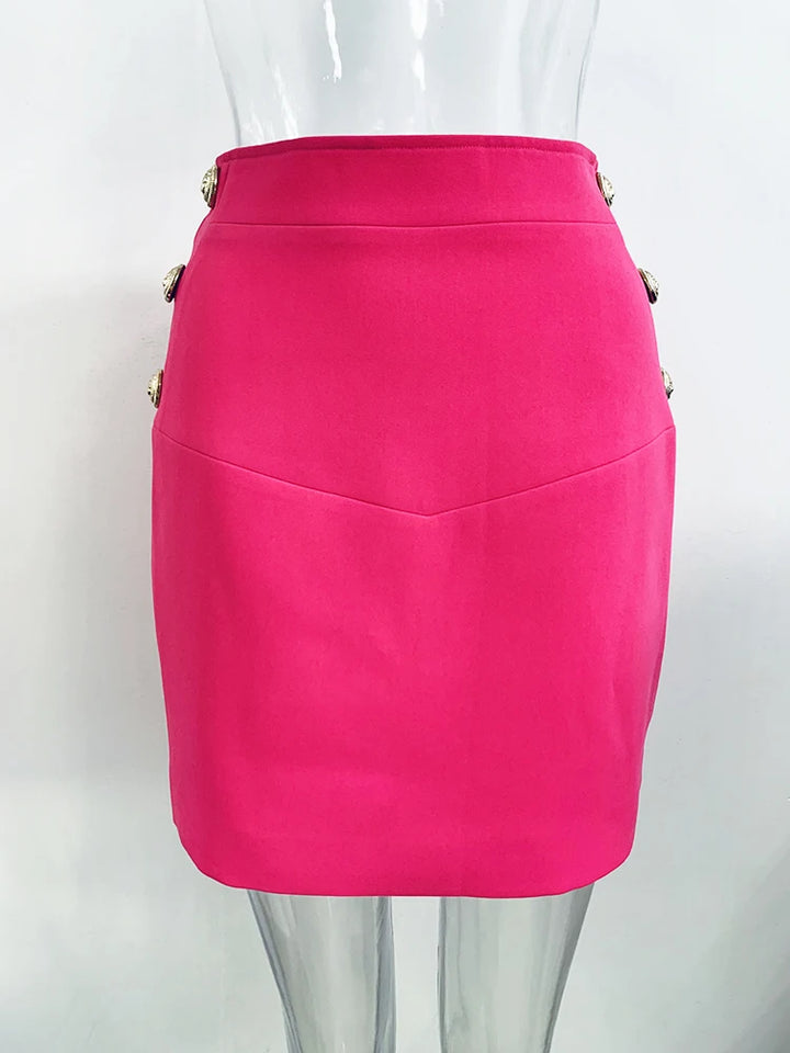 Hot Pink Metal Lion Buttons Mini Skirt  - Divawearfashion