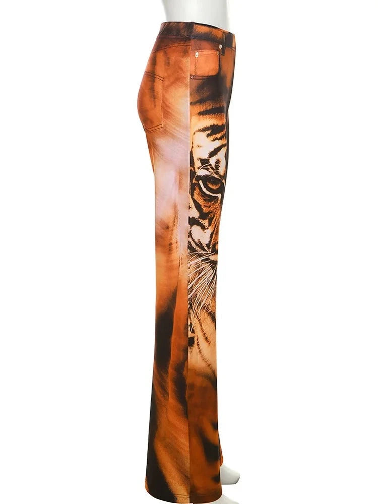 Tiger Print Flare High Waist Pants - Divawearfashion