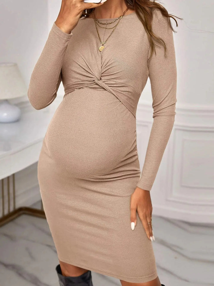 Long Sleeve Criss Cross Knitted Maternity Dress - Divawearfashion