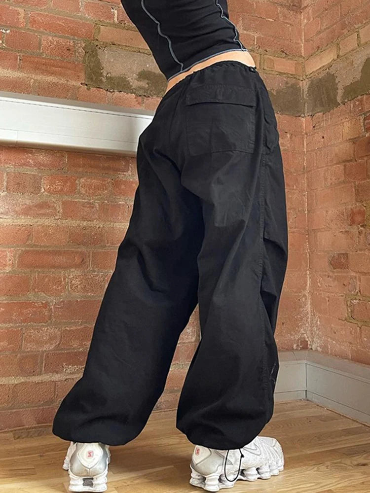 Wide Leg Loose Drawstring Low Waist Cargo Pants - Divawearfashion