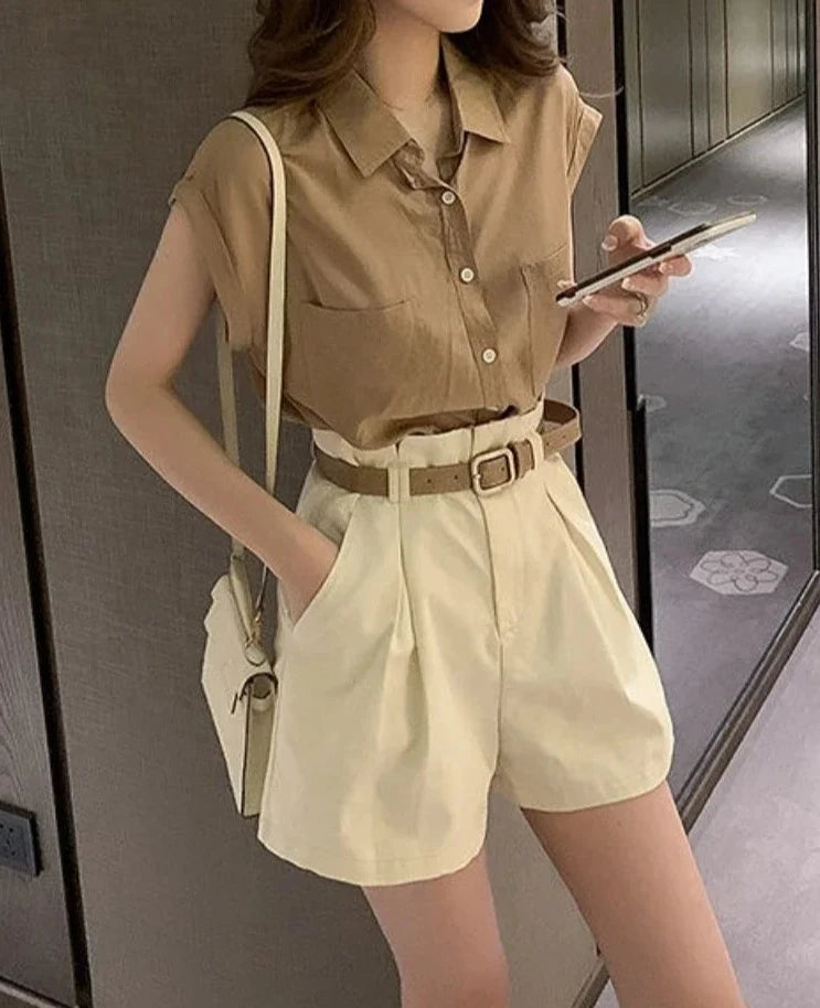 2 PC Loose Sleeveless French Shirt with Wide Leg Shorts - Divawearfashion