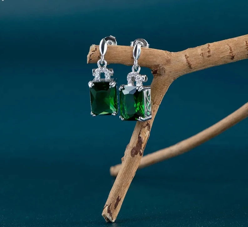 Sterling Silver with Green Emerald Gemstones Earrings - Divawearfashion