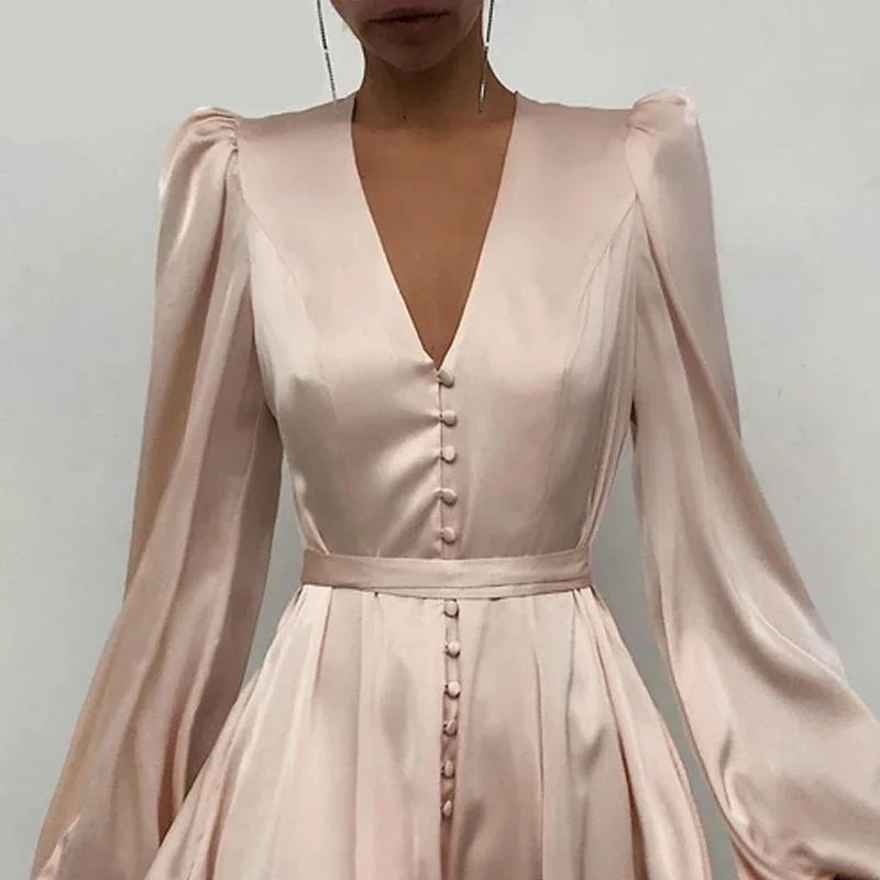 Plain Puff Sleeve  Front Button Dress - Divawearfashion