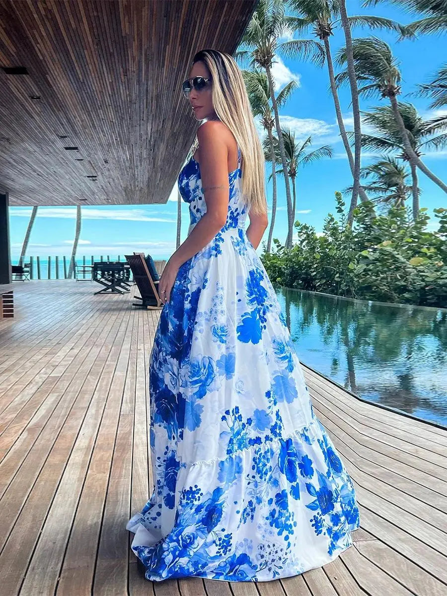 Floral V Neck Maxi Long Summer Dress - Divawearfashion