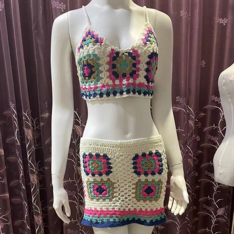 2 PC Crochet Tassel Top + Mini Skirt - Divawearfashion