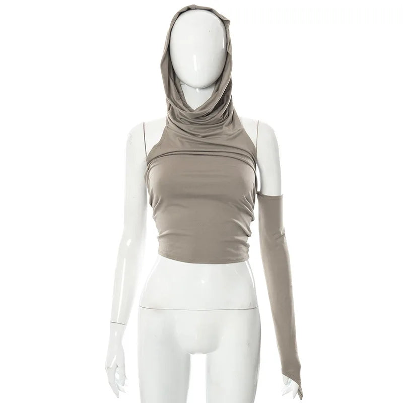 Hooded Pile Collar Backless Crop Top T-Shirt - Divawearfashion