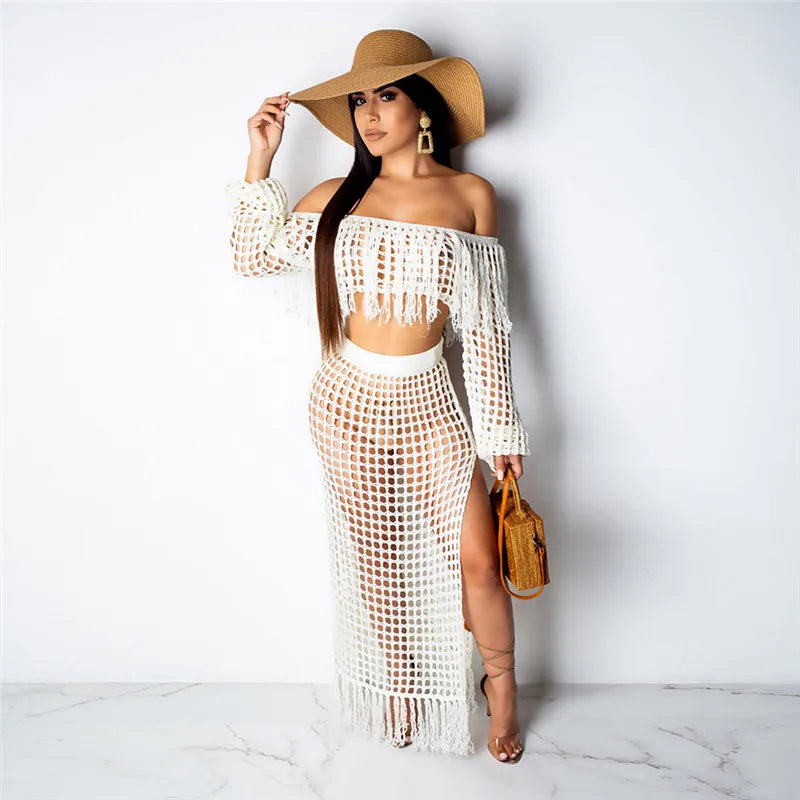 Tassel Off Shoulder Hollow Out Maxi Summer Beach Dress - Divawearfashion