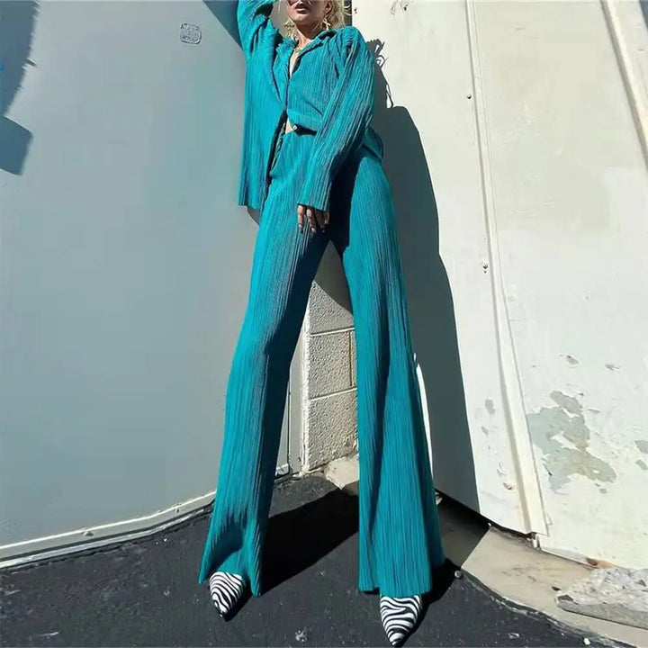 2 PCS Long Sleeve Button Down Shirt +Straight-Leg Loose Pants - Divawearfashion