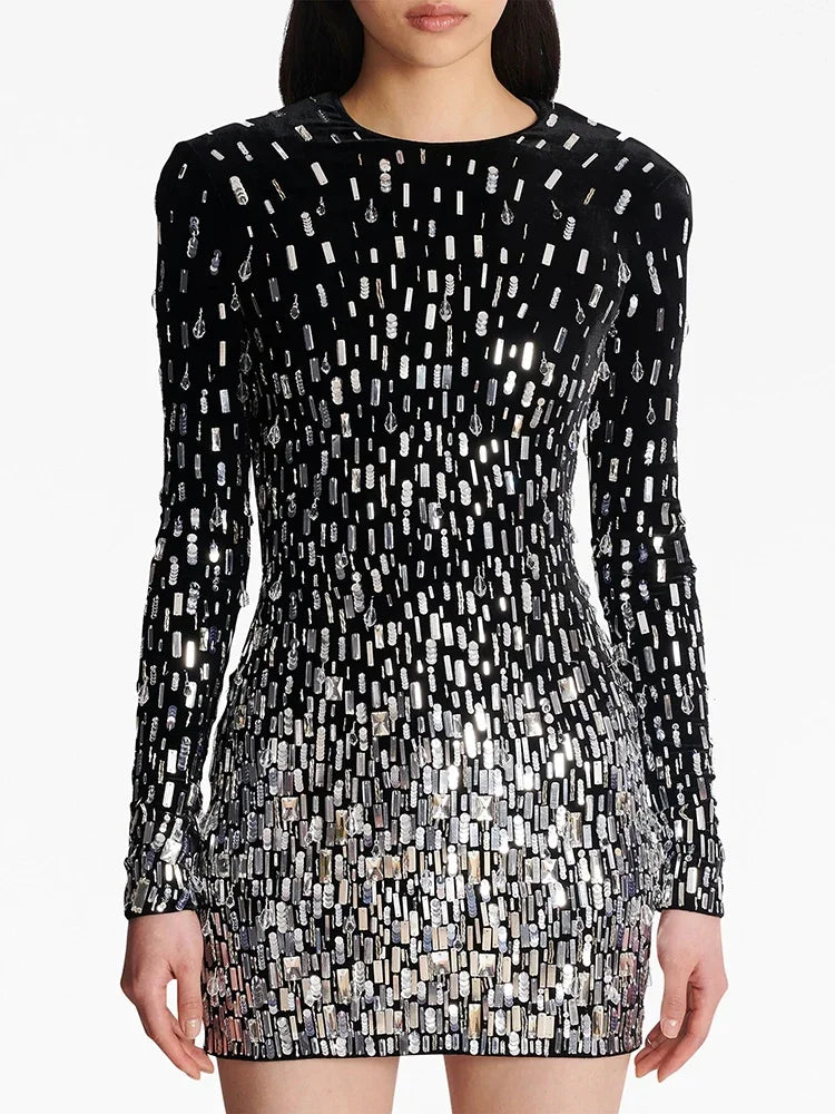 Sequined Crystal Beaded Velvet Mini Dress - Divawearfashion