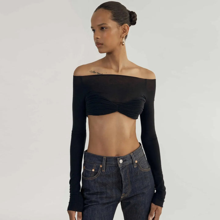 Mesh Sheer Off-Shoulder Long Sleeve Tee Shirt