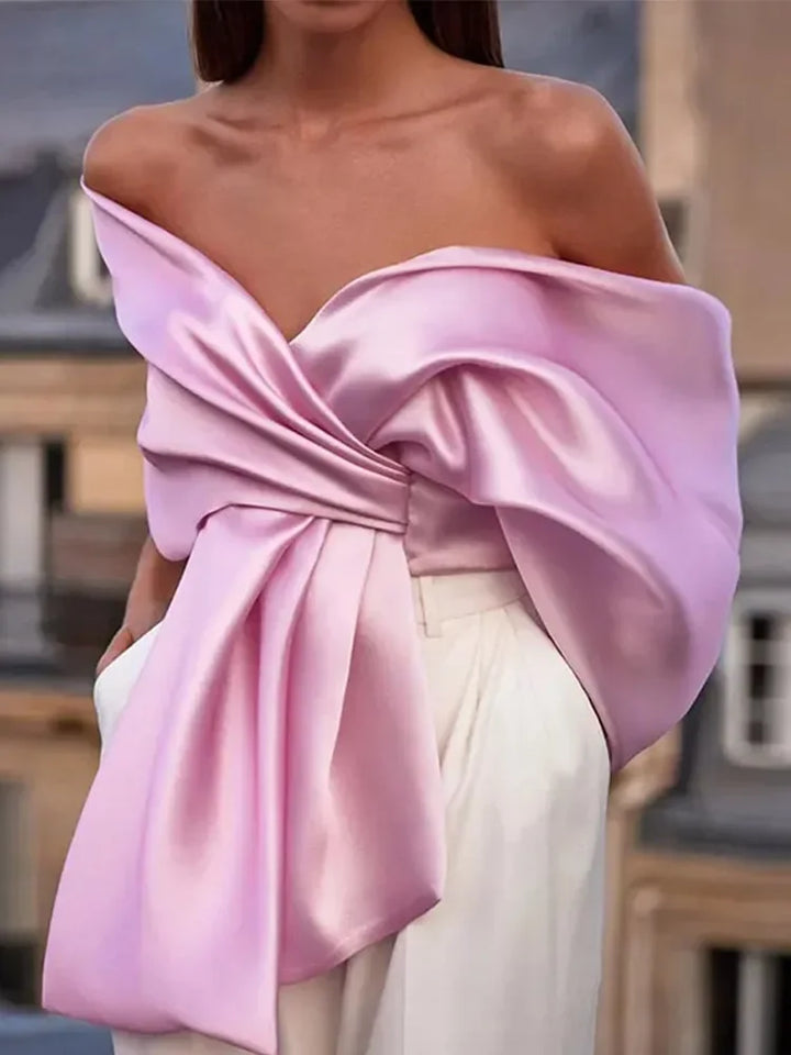 Pleated Satin Pink Bow Off Shoulder Tank Top - Divawearfashion