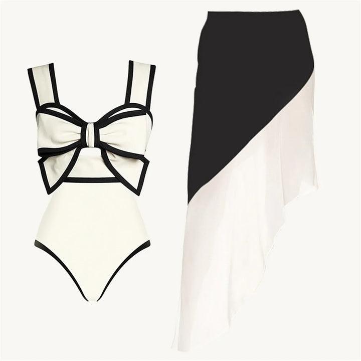 Bow Tie Black & White Retro One Piece Swimsuit with Skirt - Divawearfashion