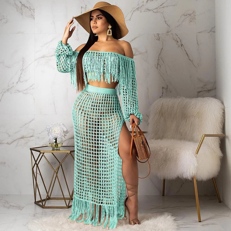 Tassel Off Shoulder Hollow Out Maxi Summer Beach Dress - Divawearfashion