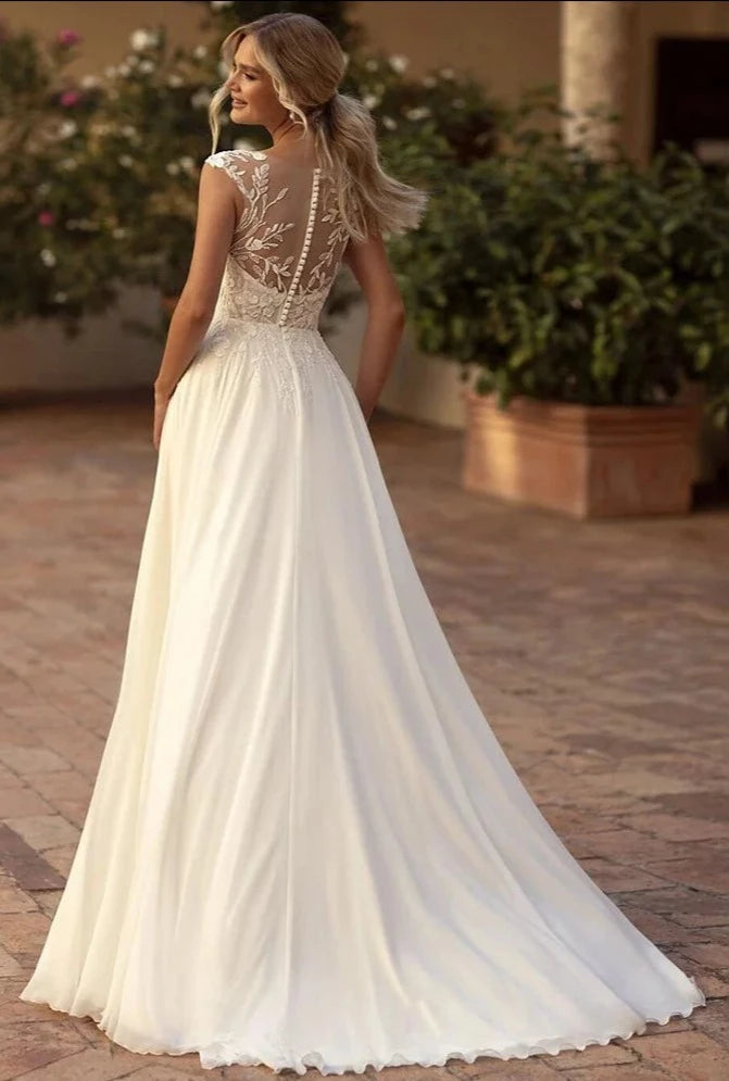 Lace/Chiffon O-Neck Illusion Back Side Split Applique Bridal Gown - Divawearfashion