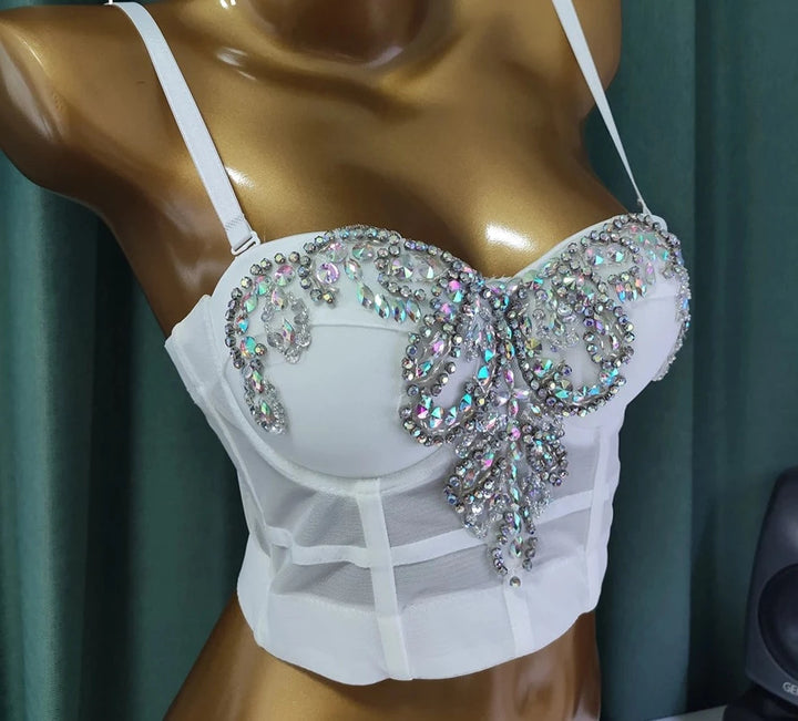 High End Rhinestones Embroidery Crop Top Bustier Corset - Divawearfashion