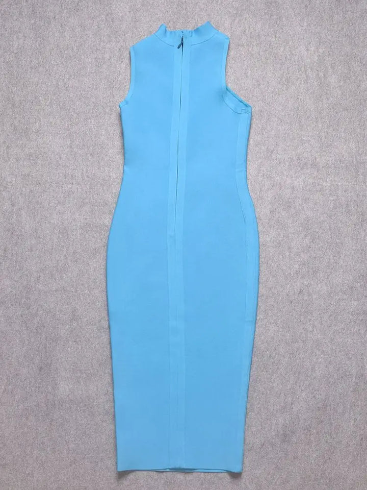 Blue Turtleneck Sleeveless Bodycon Maxi Sexy Dress - Divawearfashion