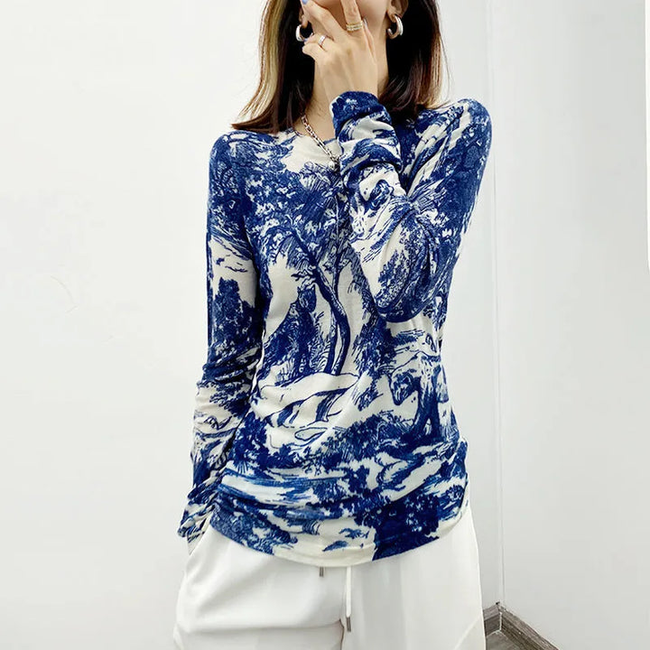 O-Neck Skinny Elegant Women's Floral Elasticity Blouse