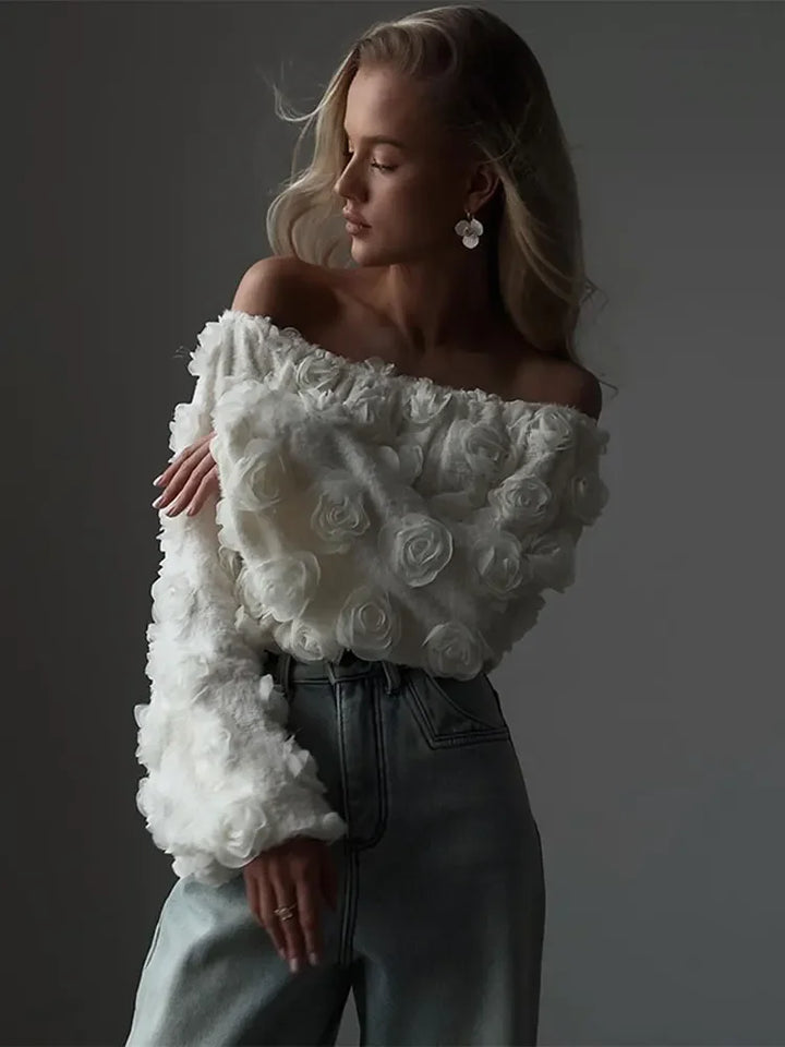 3D Flower Slash Neck off Shoulder Cropped Shirt - Divawearfashion