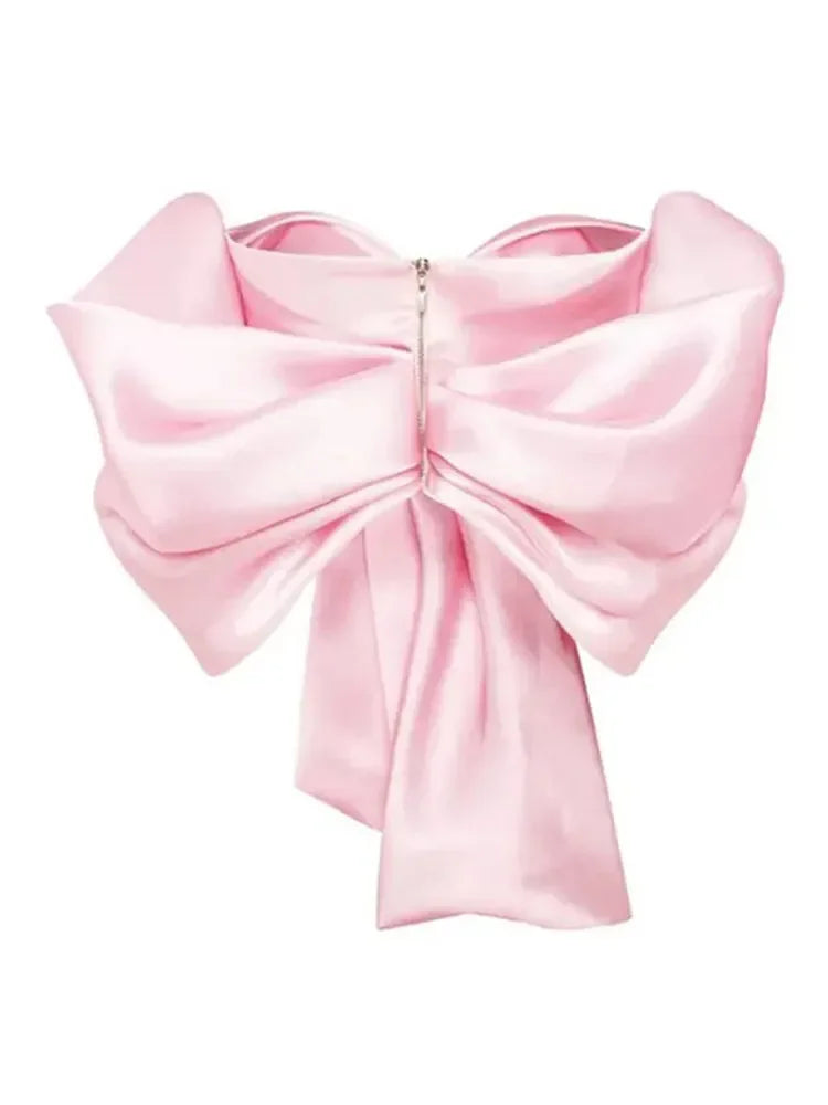 Pleated Satin Pink Bow Off Shoulder Tank Top - Divawearfashion
