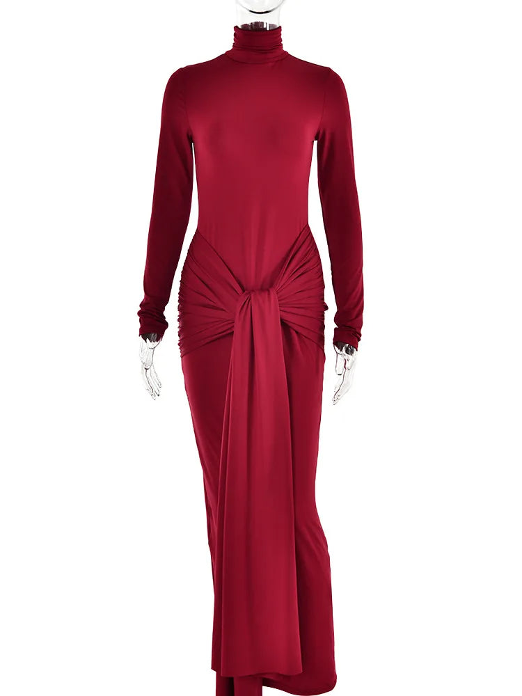 High Neck Long Sleeve Lace Up Bodycon Maxi Long Dress - Divawearfashion