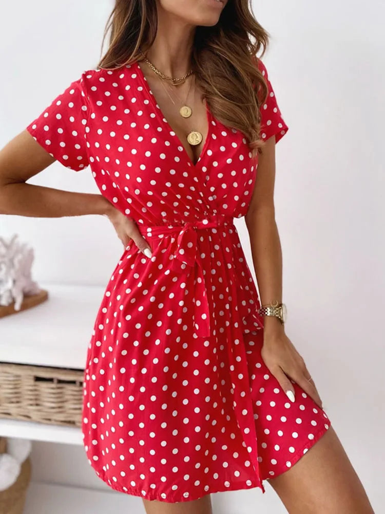 Polka Dot V Neck Mini Casual Dress - Divawearfashion