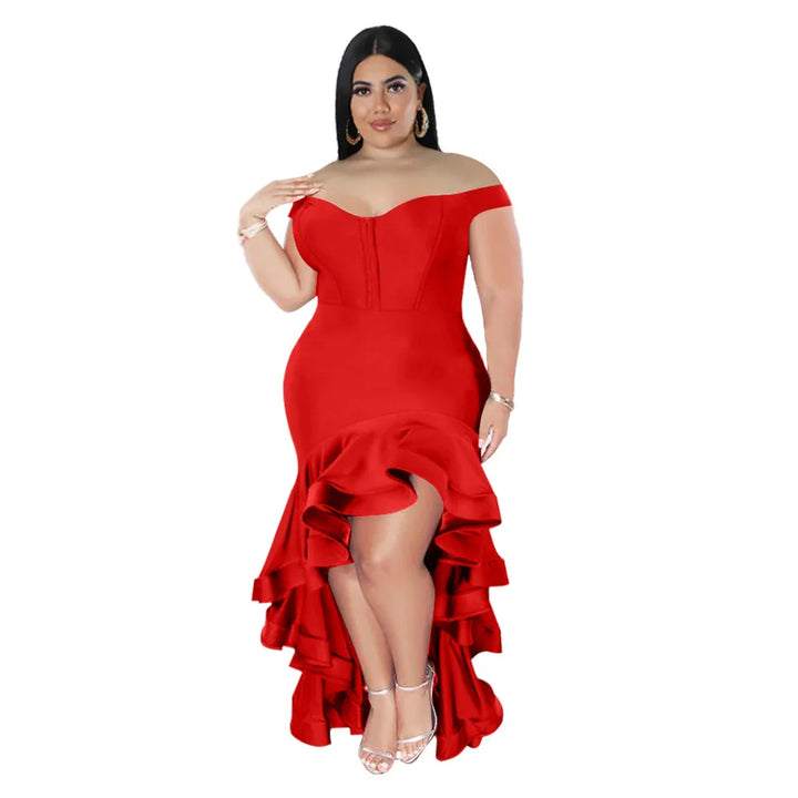 Plus Size Off Shoulder High Waist Ruffles Irregular Hem Dress