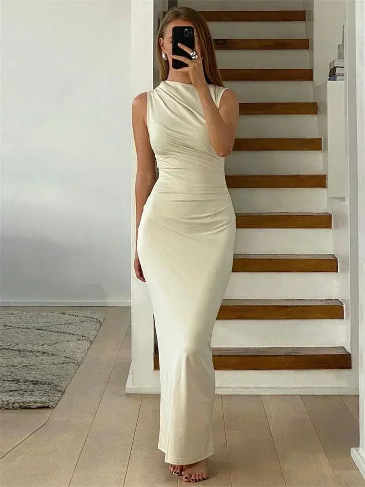 Pleated Slim Body Maxi Dress with Long & Short Sleeves - Divawearfashion