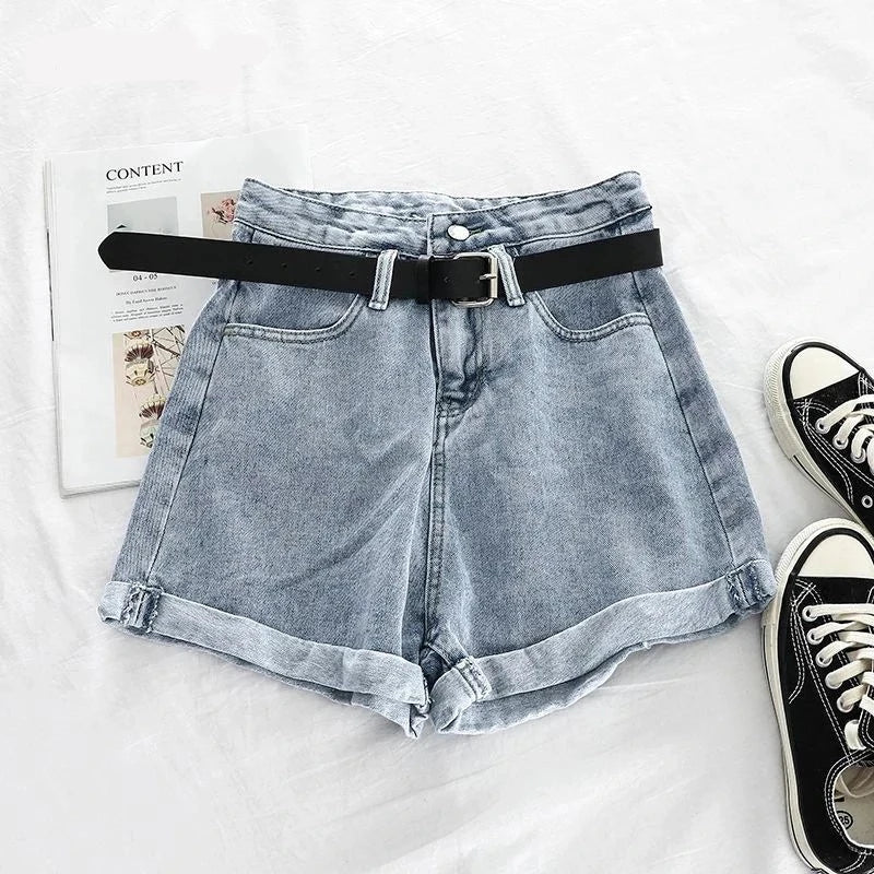 Blue & Black High Waist Casual Loose Streetwear Denim Shorts - Divawearfashion