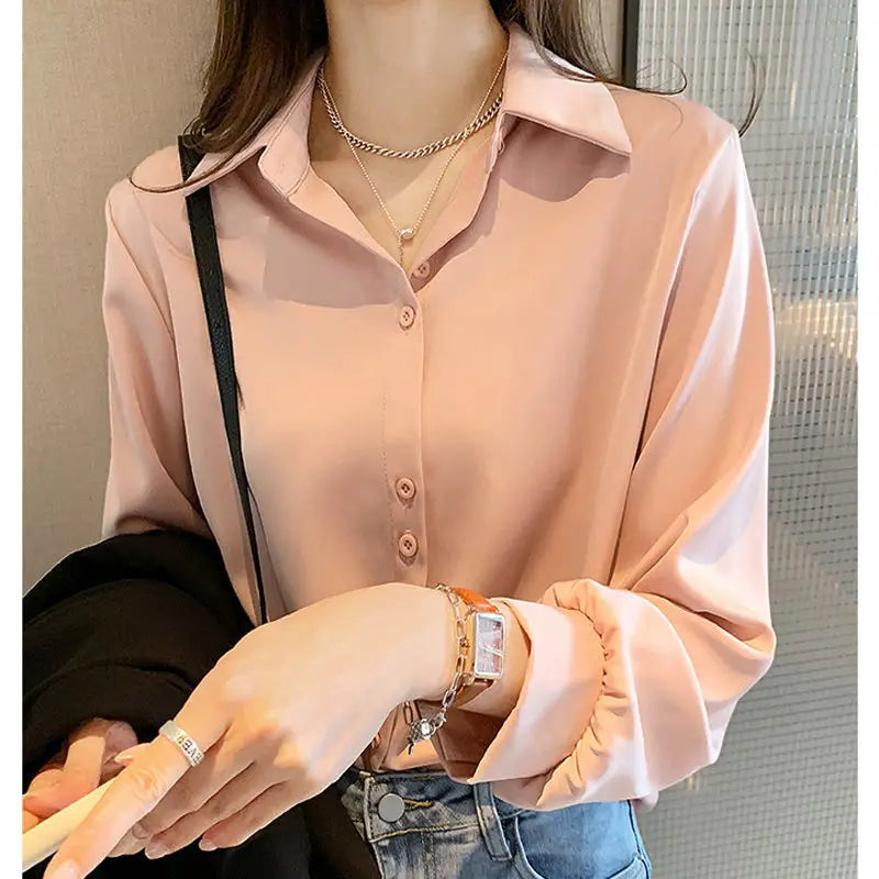 Long Sleeve Button Up Loose Solid Blouse - Divawearfashion