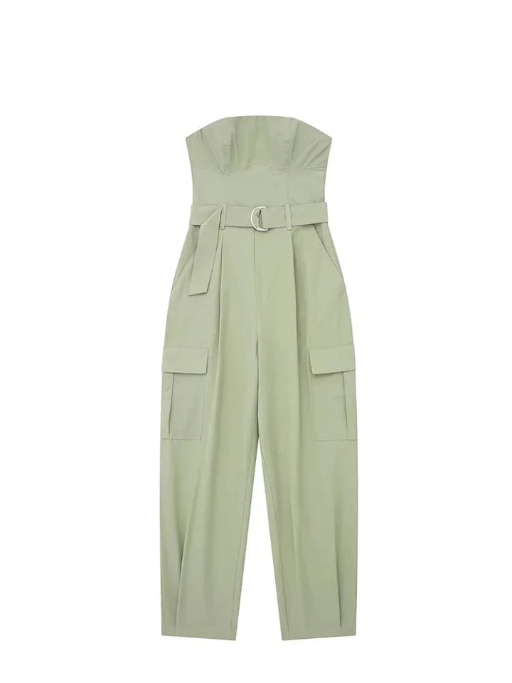 Strapless Cargo Style Jumpsuit With Belt - Divawearfashion