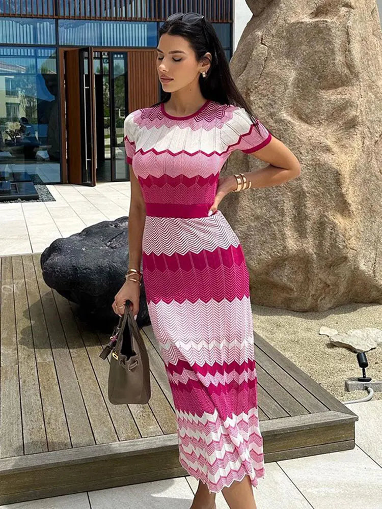 Contrast Knitted Slim Maxi Dress - Divawearfashion