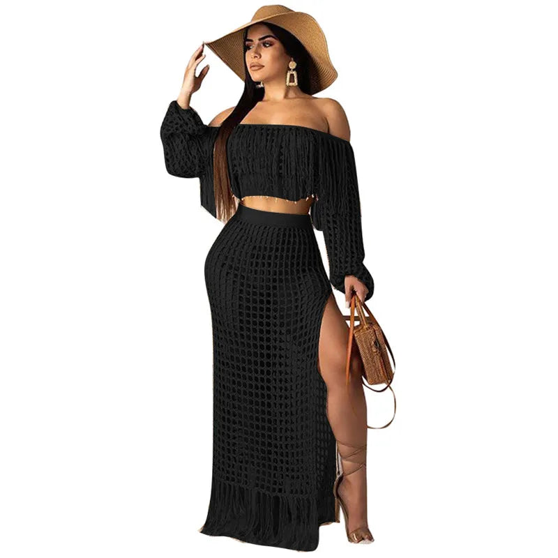 Tassel Off Shoulder Hollow Out Maxi Summer Beach Dress - Divawearfashion