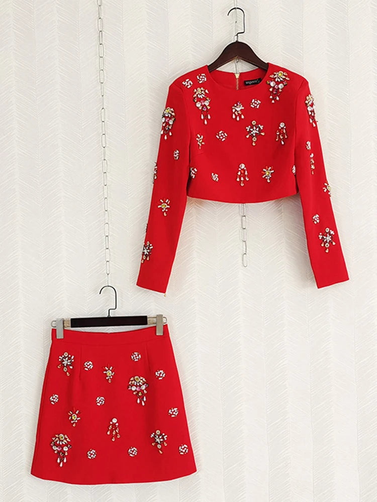 Diamonds Design Long Sleeve Short Coat & High Waist Skirts Set 