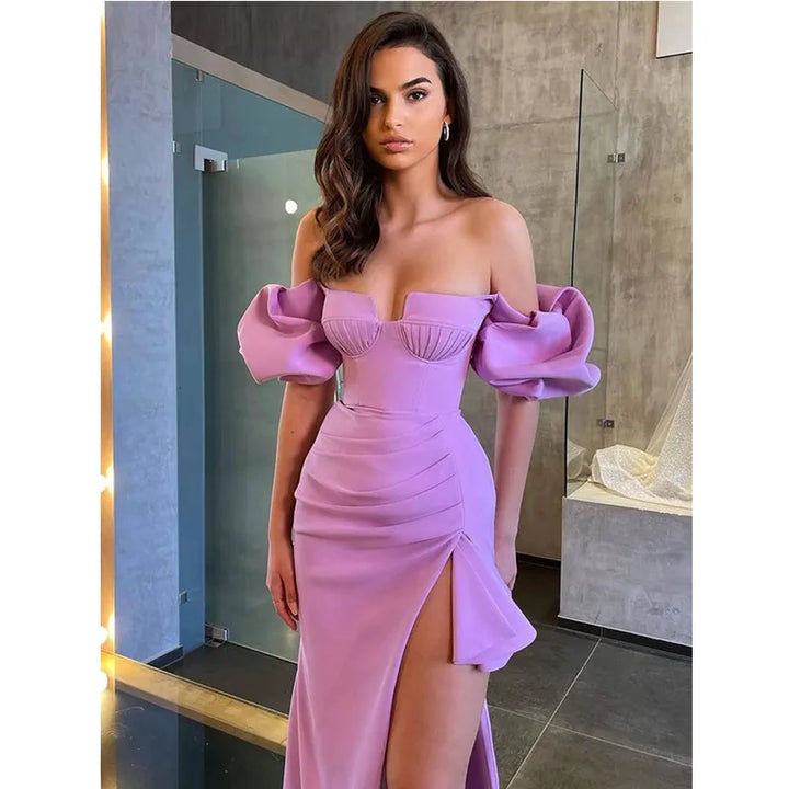 Sexy Off Shoulder Short Sleeve Purple Midi Bodycon Dress - Divawearfashion