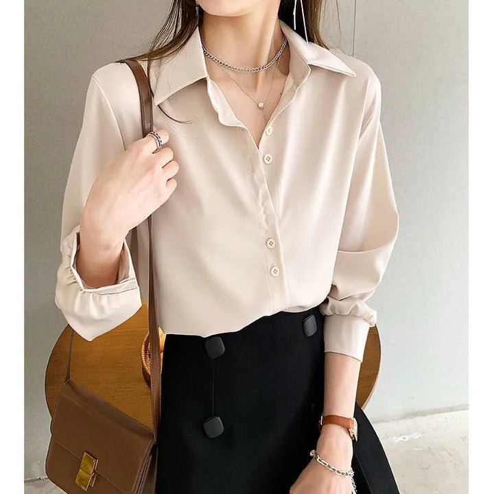 Long Sleeve Button Up Loose Solid Blouse - Divawearfashion