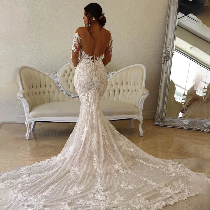 Appliques Sheer Long Sleeve Mermaid Wedding Dress - Divawearfashion