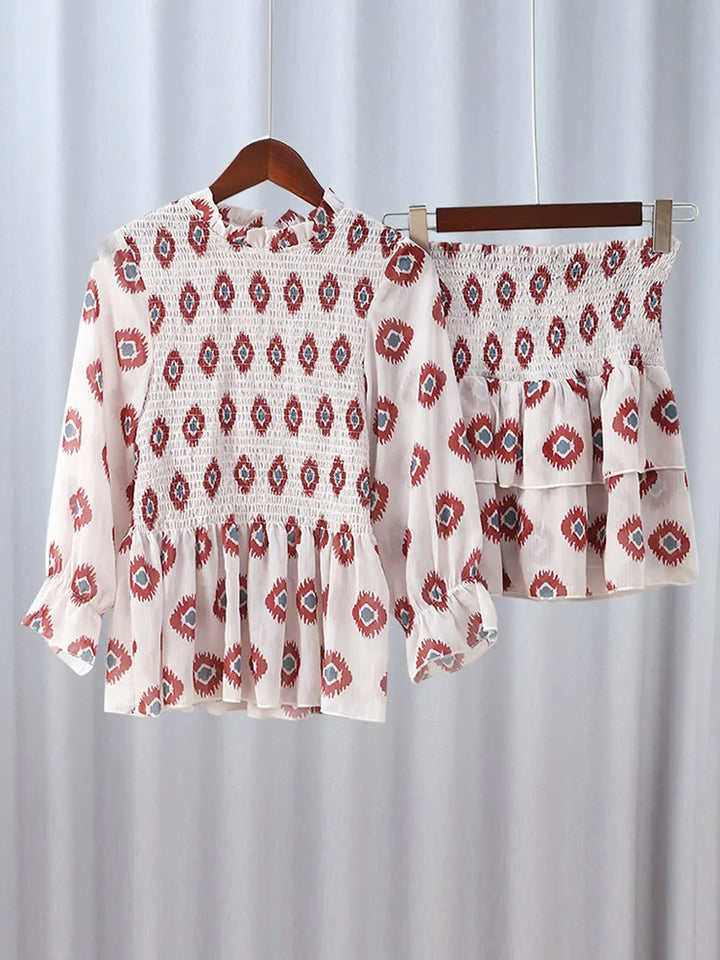Printed 2 PC Puff Half Sleeve T-shirt High Waist Pleated Mini Skirt