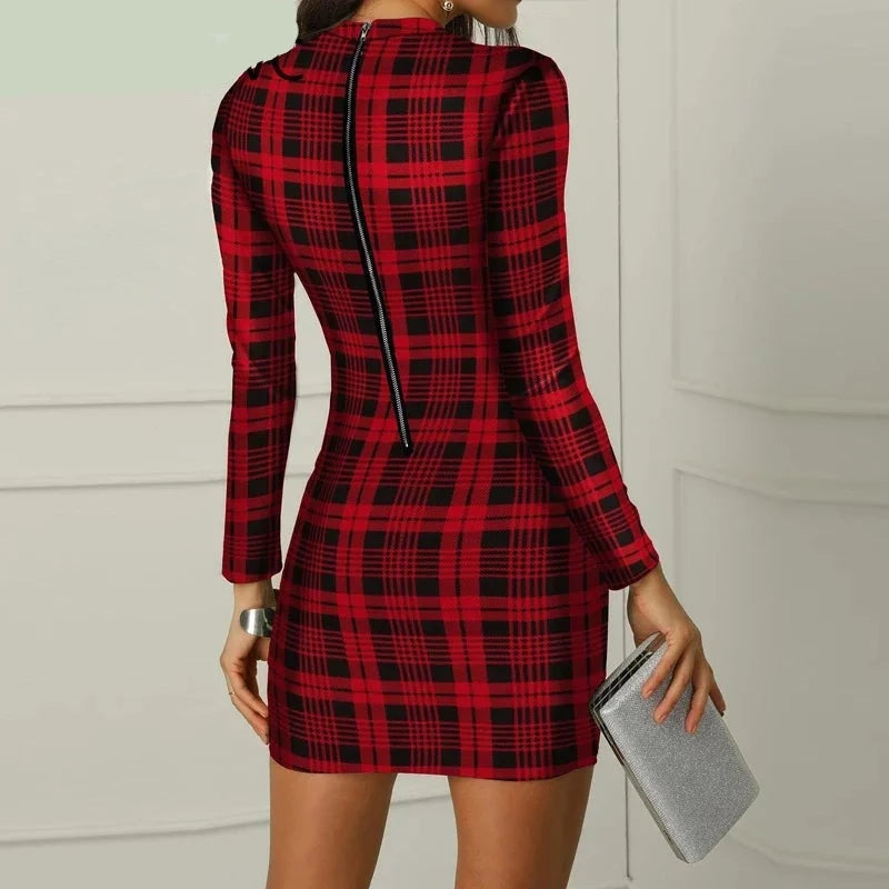 Women Plaid Long Sleeve Bodycon Dress - Divawearfashion