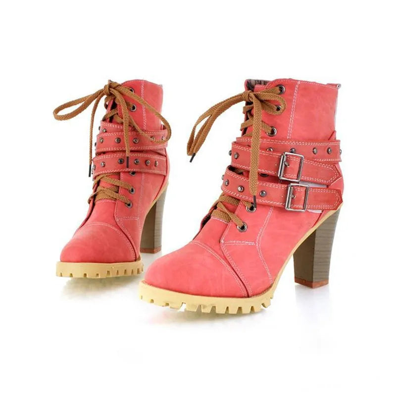 Lace Up High Heels Waterproof Ankle Boots - Divawearfashion