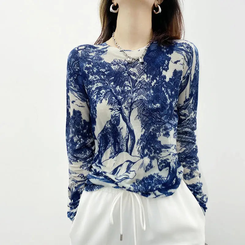 O-Neck Skinny Elegant Women's Floral Elasticity Blouse