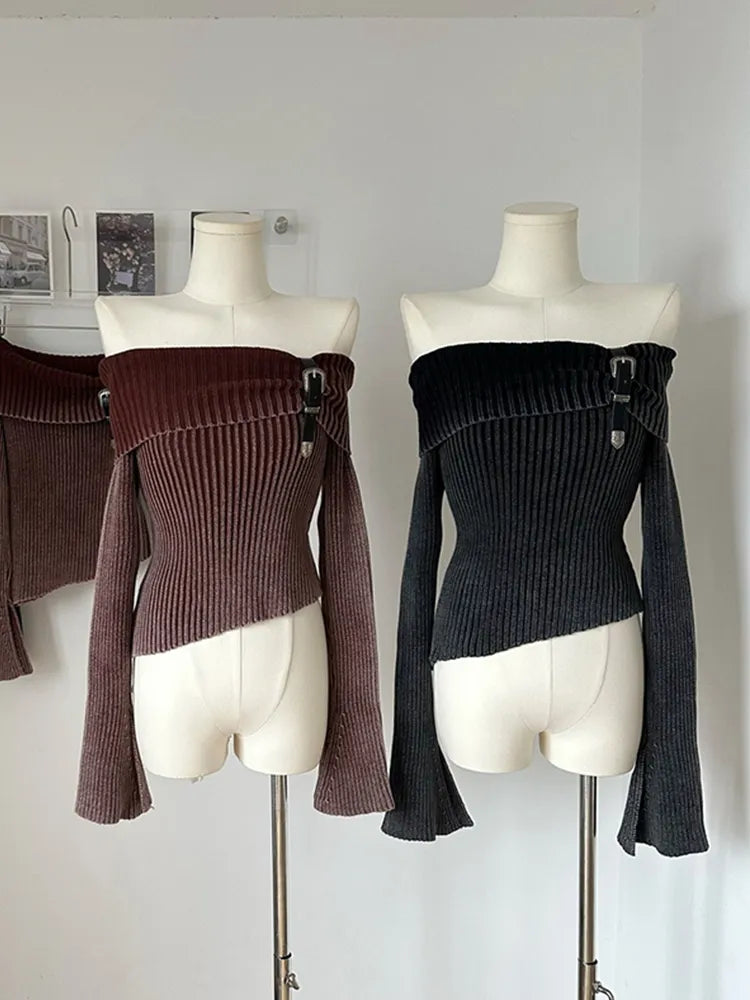 Long Flare Sleeve Knitted Sweater - Divawearfashion