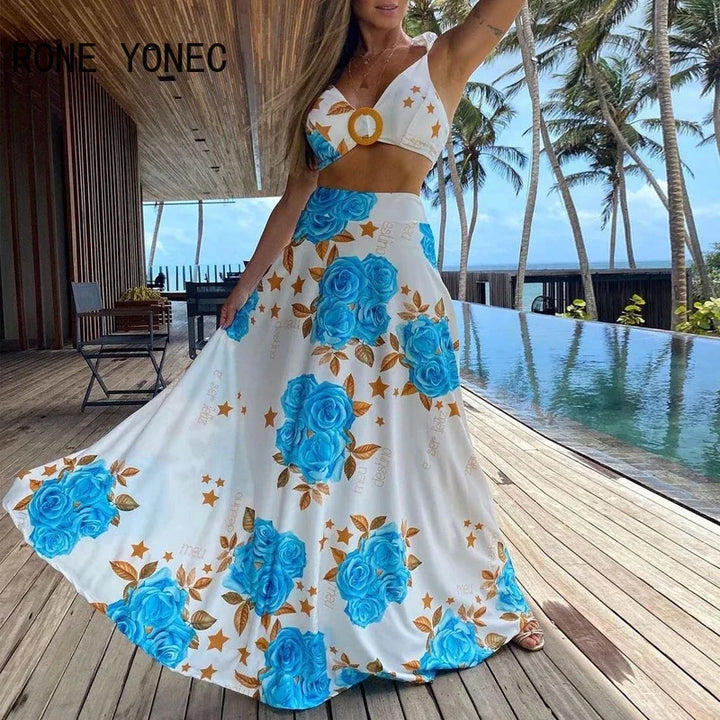 2 PCS Floral Print Crop Top & Maxi Skirt Set - Divawearfashion