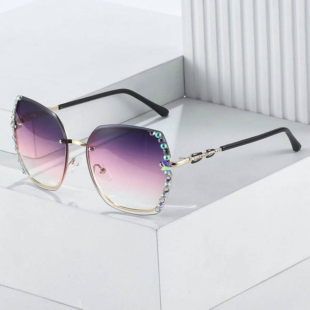 Rhinestone Decor Rimless Gradient Glasses UV400 - Divawearfashion