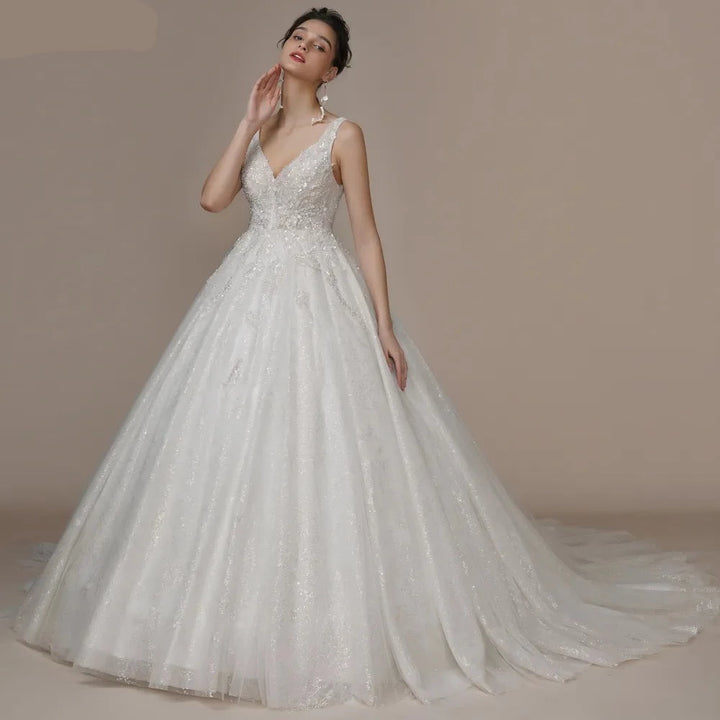 V Neck Sleeveless Wedding Dress with Court Train Beading - Divawearfashion